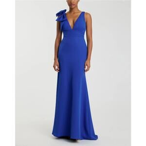 Mac Duggal Sleeveless V Neck Bow Detail Mermaid Royal Blue Gown Sz 14 NWT 49454